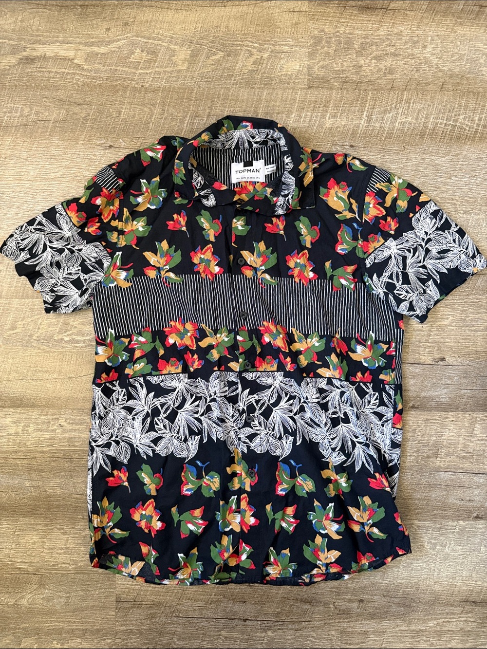 Topman Men's Black Floral Print Short-Sleeve Shirt Size Large